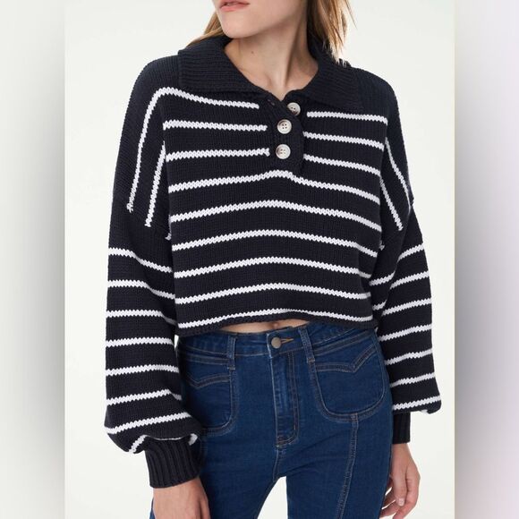 ZARA Cropped Polo Sweater Medium Oversized Knit Henley Navy Stripe Baggy Fit - Picture 1 of 11